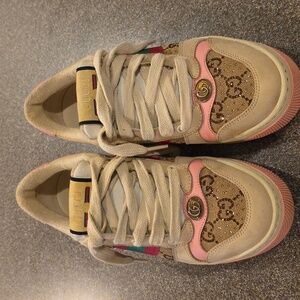 Gucci Beige and Pink Logo Sneakers